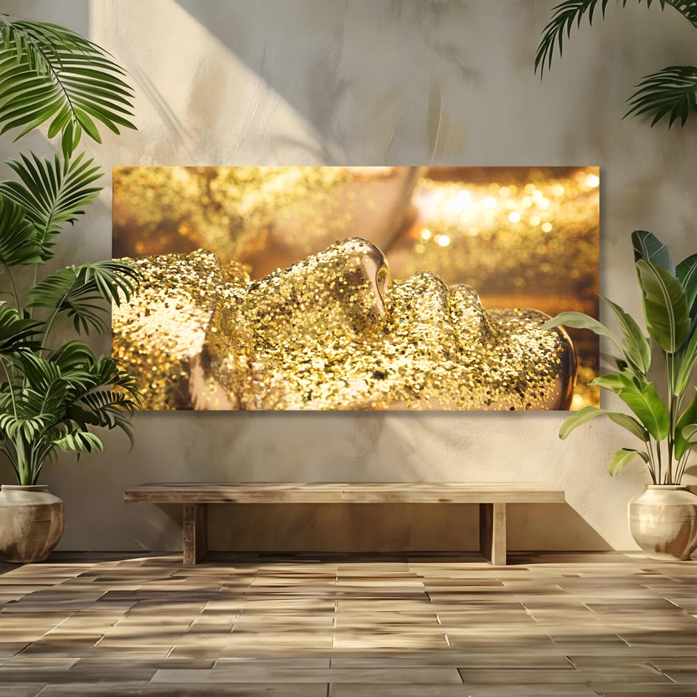 Tablou canvas cu tablou canvas cu chip acoperit de sclipici auriu, fara rama, pe sasiu de lemn